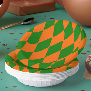 Orange and Green Harlequin Checkered Design Paper Plate