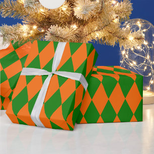 Orange and Green Harlequin Checkered Design  Wrapping Paper