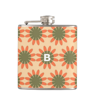 Orange and Green Retro Flower Pattern Monogram Hip Flask