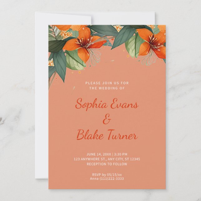 Orange and Green Tropical Floral Orange Wedding Invitation (Front)