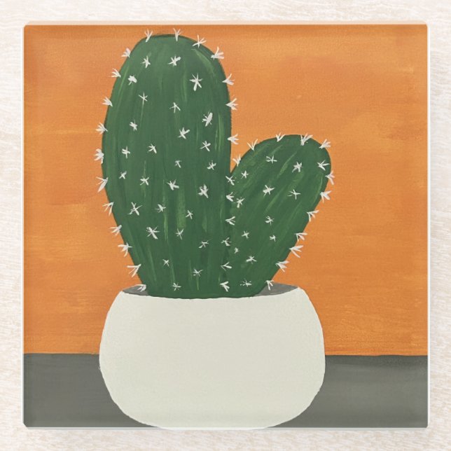 Orange and Grey Acrylic Potted Cactus Glass Coaster (Front)