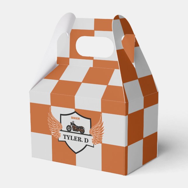 Orange and grey chequered  favour box (Front Side)