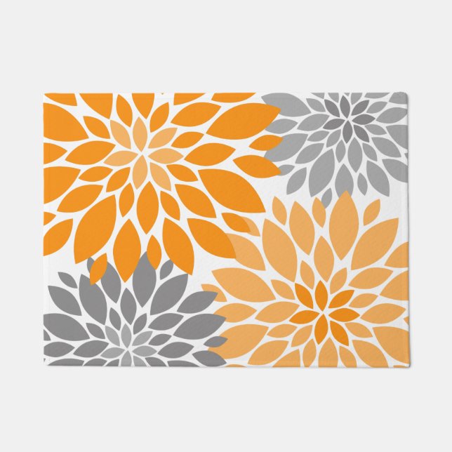 Orange and Grey Chrysanthemums Floral Pattern Doormat (Front)