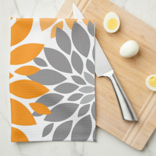 Orange and Grey Chrysanthemums Floral Pattern Tea Towel