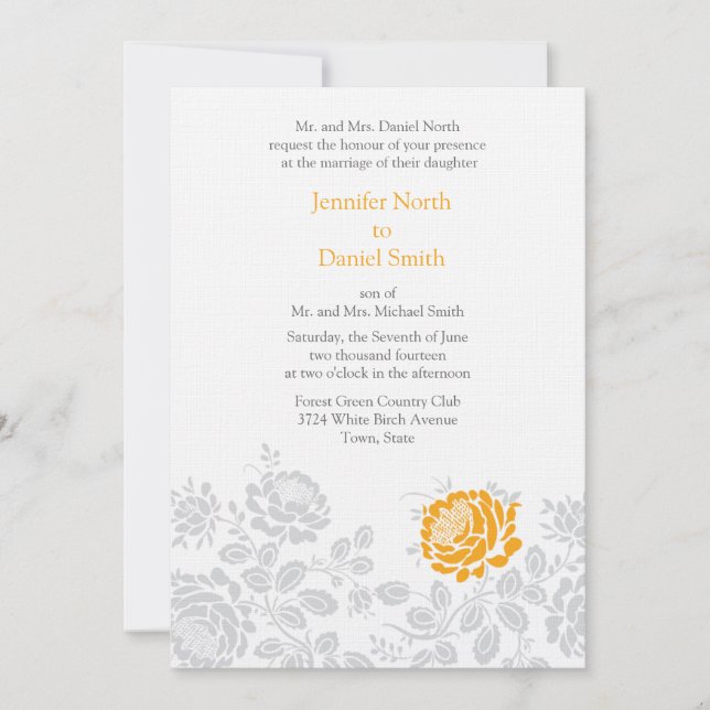 Orange And Grey Damask Wedding Invitations (Front)