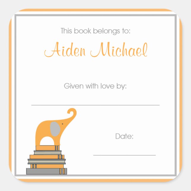 Orange and Grey Elephant Baby Shower Book Plate Square Sticker (Front)