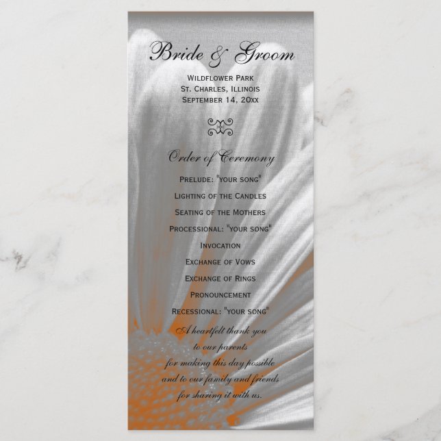 Orange and Grey Floral Highlights Wedding Program Programme (Front)
