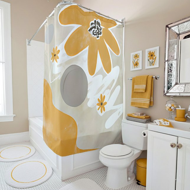 Orange and grey flower minimalist art shower curtain (Creator Uploaded)