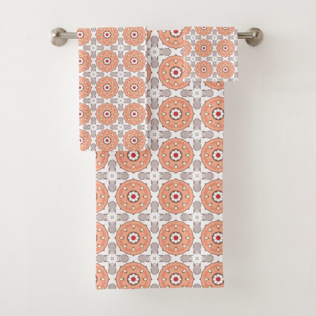 Orange and grey geometric circular pattern  bath towel set (Insitu)