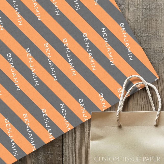 Orange and Grey Rugby Stripes with Custom Name Tissue Paper (Custom Tissue Paper)