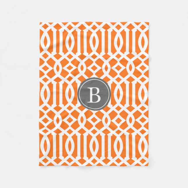 Orange and Grey Trellis Pattern Monogram Fleece Blanket (Front)