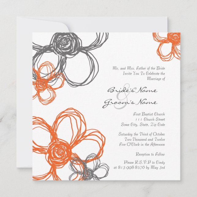 Orange and Grey Wild Flowers Wedding Invitation (Front)