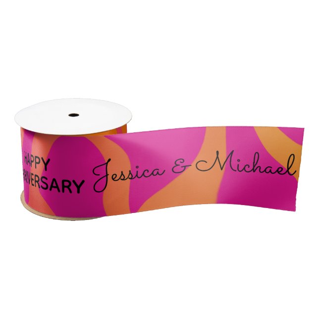 Orange and Hot Pink Gradient Happy Anniversary Satin Ribbon (Spool)