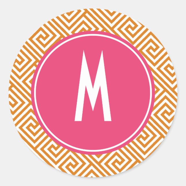 Orange and Hot Pink Greek Key Pattern Monogram Classic Round Sticker (Front)