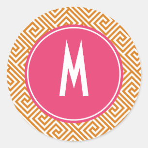 Orange and Hot Pink Greek Key Pattern Monogram Classic Round Sticker