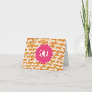 Orange and Hot Pink Greek Key Pattern Monogram Note Card