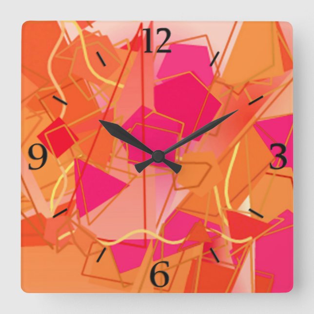 Orange and Hot Pink, Kadinsky Inspired Abstract Square Wall Clock (Front)