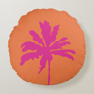 Orange and Hot Pink Modern Tropical Palm Tree  Round Cushion