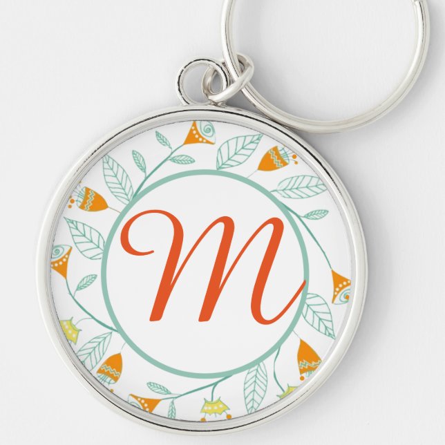 Orange and Mint Floral Garland Folk Art Key Ring (Front)
