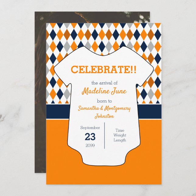 Orange and Navy Blue Argyle Pattern Baby Photo Announcement (Front/Back)
