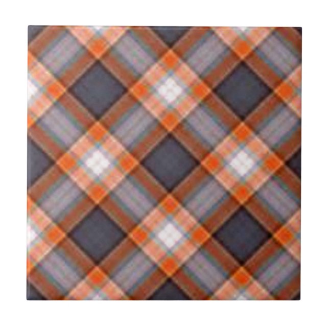 Orange and Navy Blue Plaid Tile (Front)