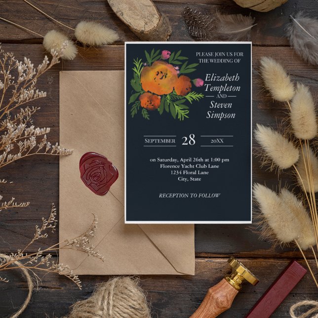 Orange and Navy Floral Modern Bold Wedding Invitation (Creator Uploaded)