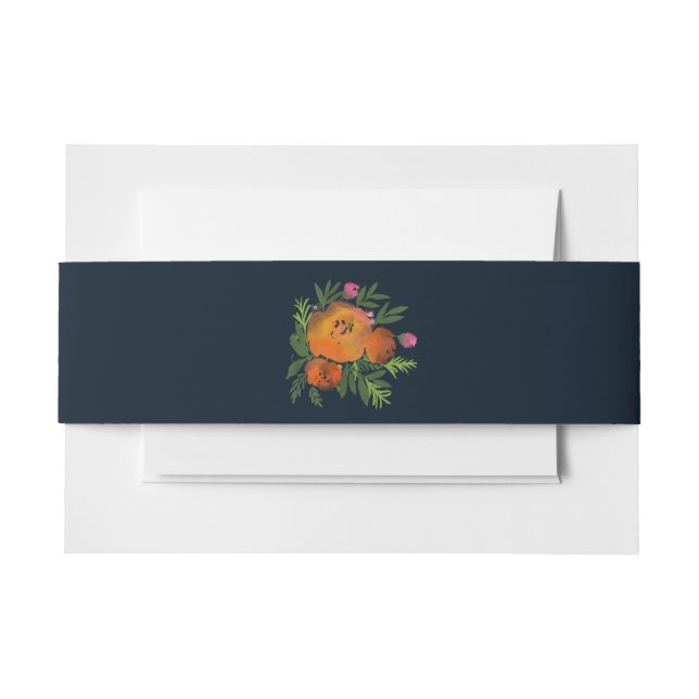 Orange and Navy Floral Modern Bold Wedding Invitation Belly Band (Front Example)