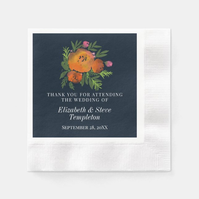 Orange and Navy Floral Modern Bold Wedding Napkin (Front)