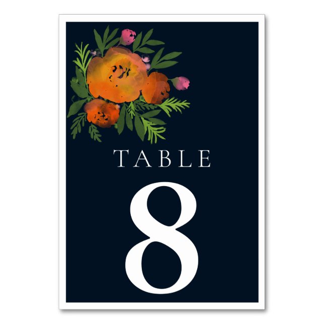 Orange and Navy Floral Modern Bold Wedding Table Number (Front)