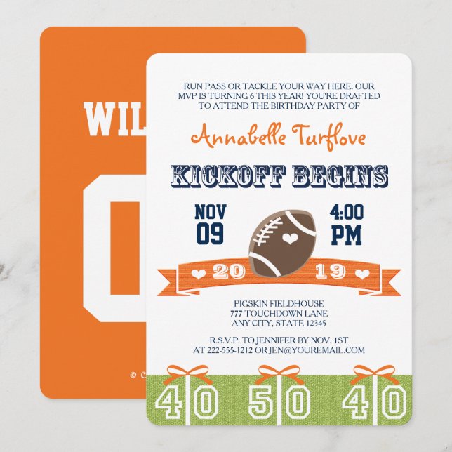 Orange and Navy Football Birthday Party Invite (Front/Back)