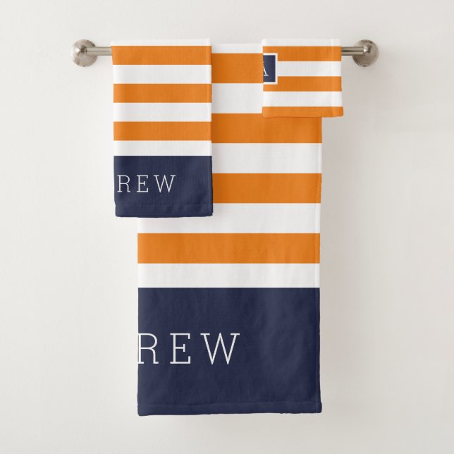 Orange and Navy Stripes Monogram Bath Towel Set (Insitu)
