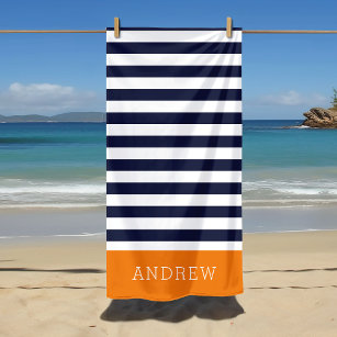 Orange and Navy Stripes Monogram Beach Towel