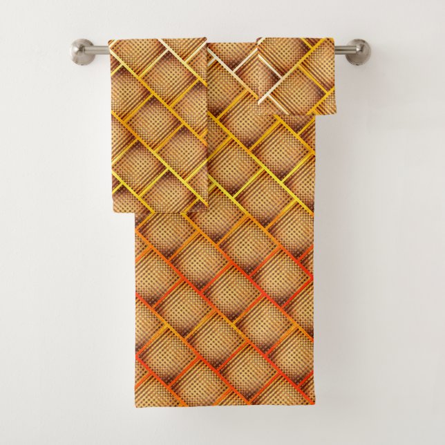 Orange and ochre squares with abstract chess throw bath towel set (Insitu)