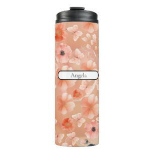 Orange and Peach Flowers and Butterflies Thermal Tumbler