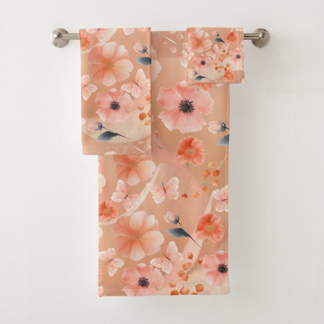 Orange and Peach Flowers and Butterflies Towel Set (Insitu)