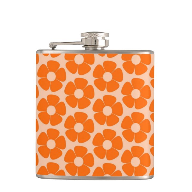 Orange and Peach Retro 60s Floral Pattern  Hip Flask (Front)