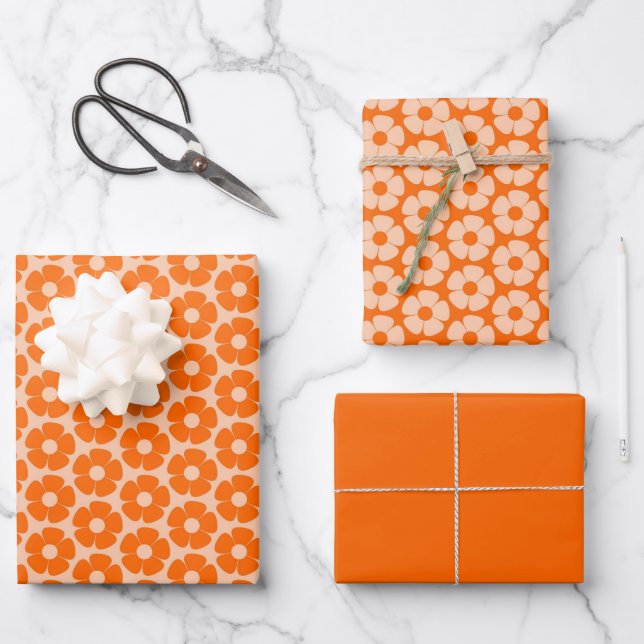 Orange and Peach Retro 60s Floral Pattern  Wrappin Wrapping Paper Sheet (Front)