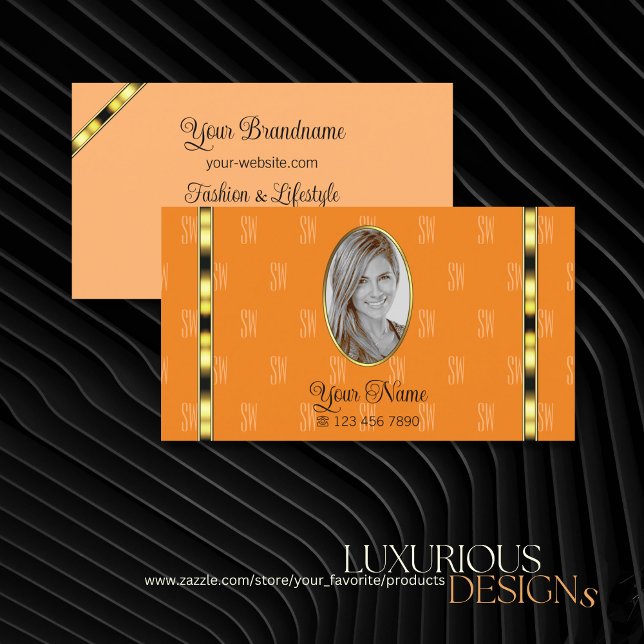 Orange and Peach with Photo Chic Patterned Letters Business Card (Creator Uploaded)