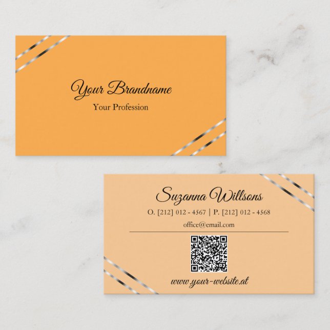 Orange and Peach with Silver Lines QR Code Elegant Business Card (Front/Back)