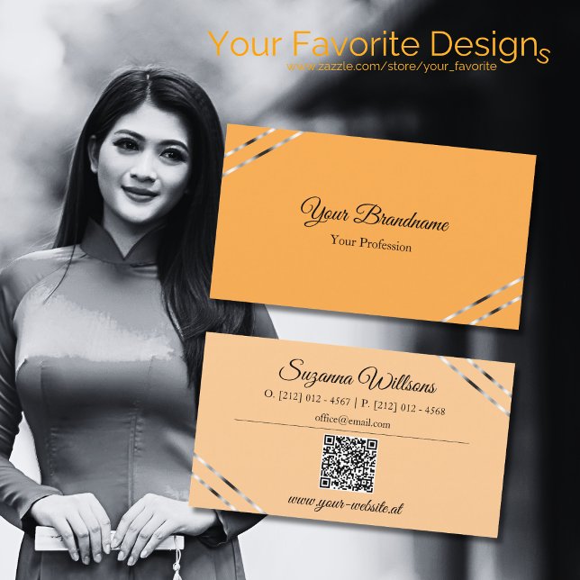 Orange and Peach with Silver Lines QR Code Elegant Business Card (Creator Uploaded)