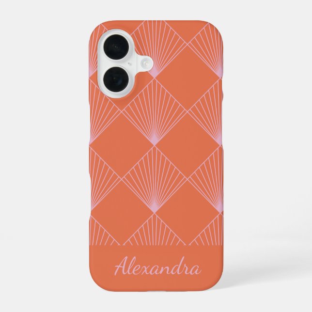 Orange and Pink Art Deco Line Pattern Personalised iPhone 16 Case (Back)
