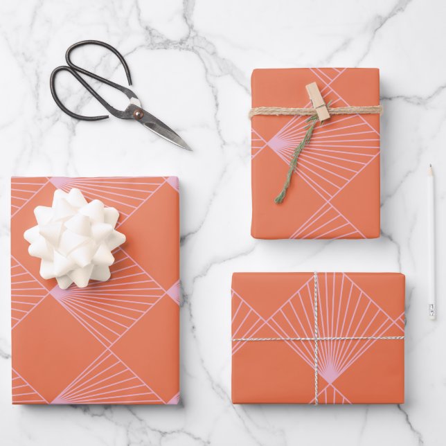 Orange and Pink Art Deco Line Pattern Wrapping Paper Sheet (Front)