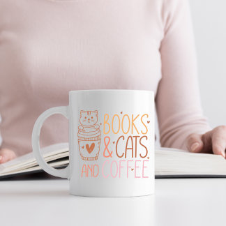 Orange and Pink Books and Cats and Coffee Mug