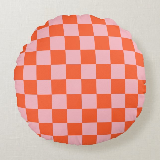 Orange and Pink Chequerboard Pattern Round Cushion (Front)