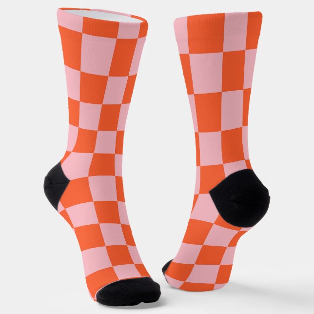 Orange and Pink Chequerboard Pattern Socks (Angled)