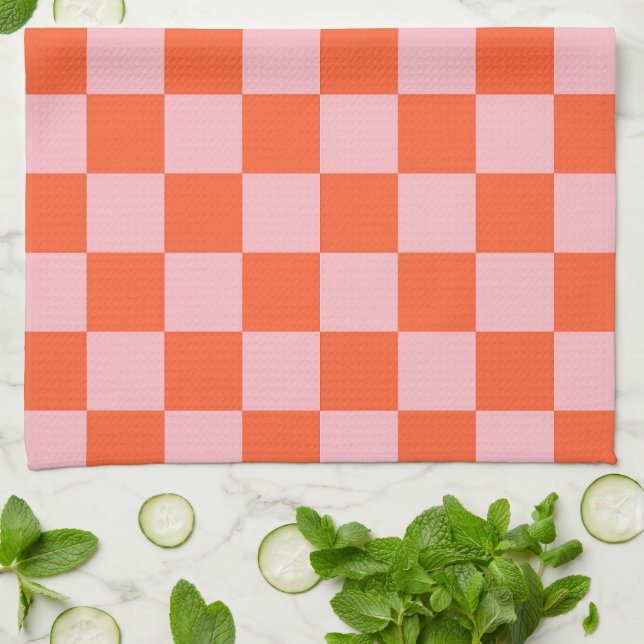 Orange and Pink Chequerboard Pattern Tea Towel (Folded)