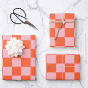 Orange and Pink Chequerboard Pattern Wrapping Paper Sheet