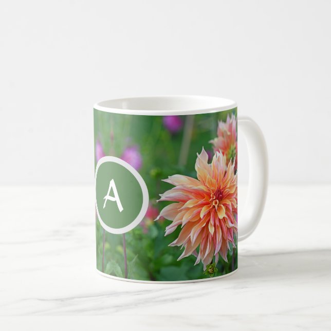 Orange and Pink Dahlia Flower Monogram Coffee Mug (Front Right)