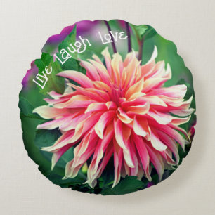 Orange and Pink Dahlia Flower Motivational Round Cushion