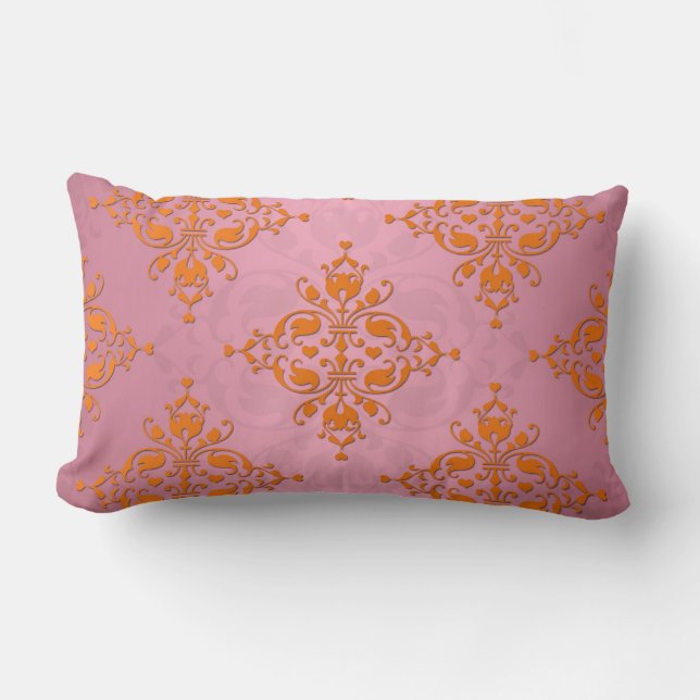 Orange and PInk Damask Pattern Lumbar Cushion (Front)